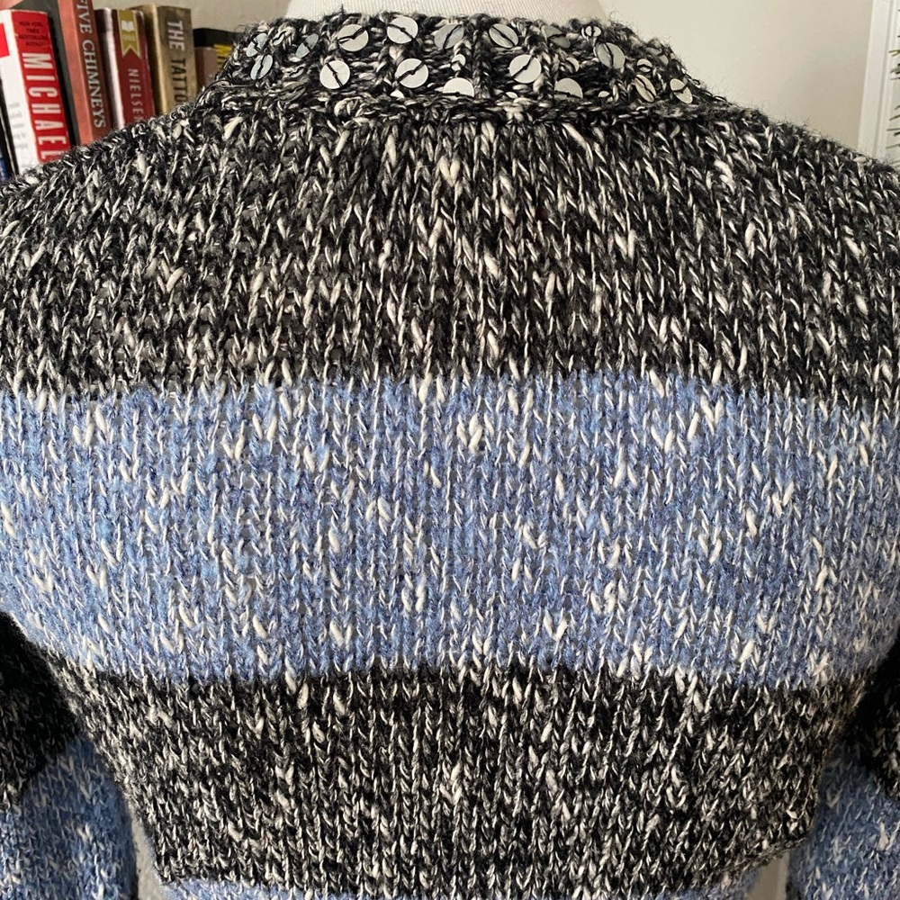 Vtg Y2K Mudd Blue Black Striped Sequin Long Knit Grandpa Dark Academia Cardigan - Picture 6 of 8